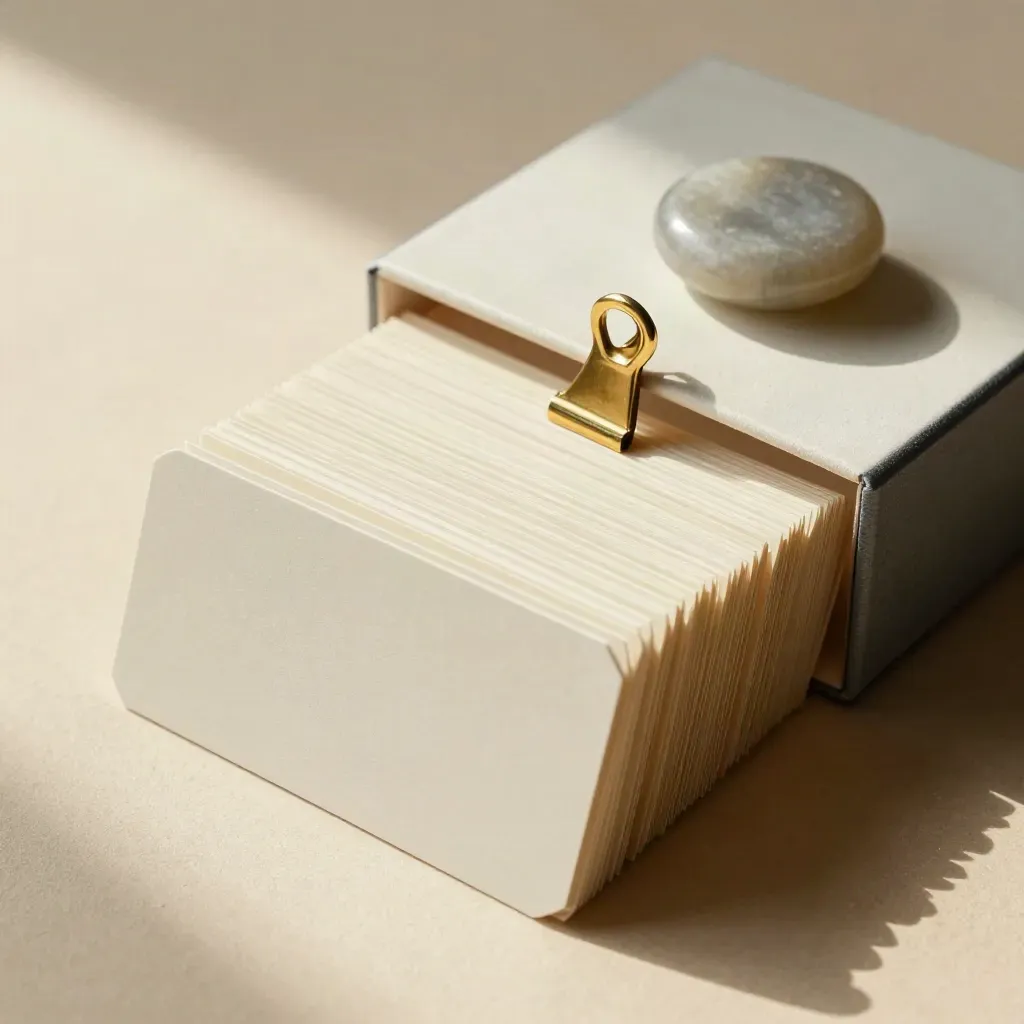 Open cream valuation folio with brass clip and stone paperweight on warm plaster.