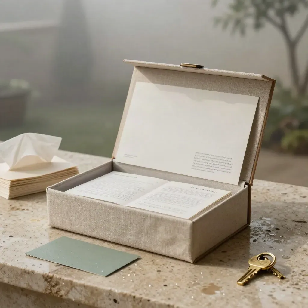 Linen-wrapped home sale kit with brass key ring, folio and mini board on rain-damp stone.