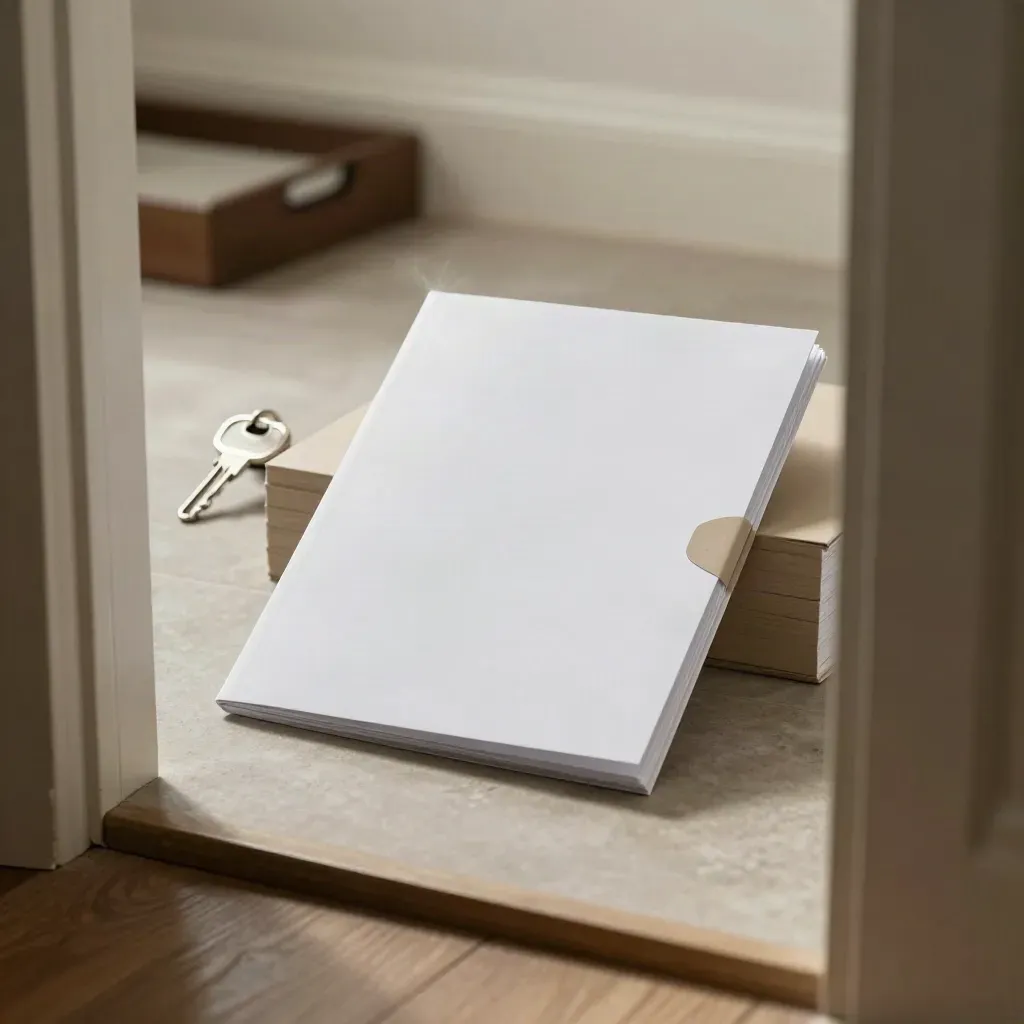 Sale progress pack folder, key loop and booklet beside a doorway with soft light.