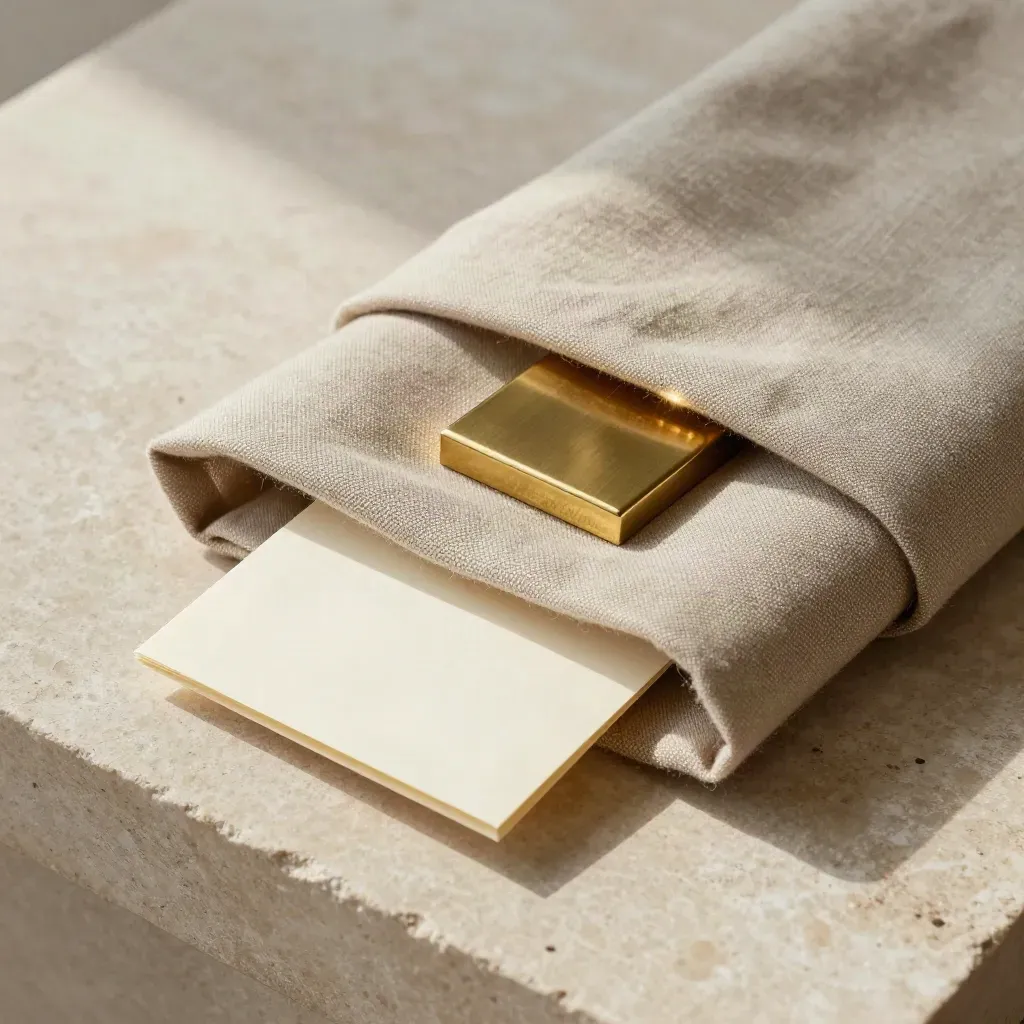 Brass paperweight, linen rent review pack and folded card on pale stone