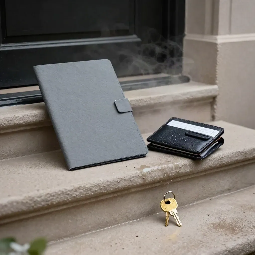 Keys, folded sign-in folder and checklist wallet on a rain-damp concrete step with soft steam.